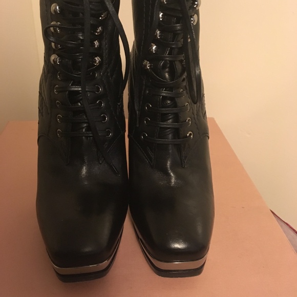 Miu Miu Black Leather Metallic Toe Ankle Platform Boots - Picture 3 of 6